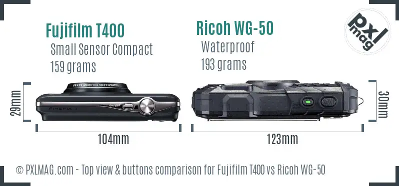 Fujifilm T400 vs Ricoh WG-50 top view buttons comparison