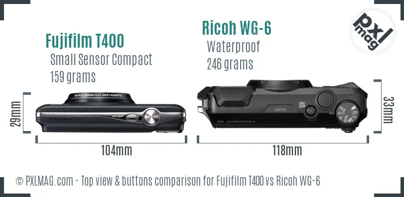 Fujifilm T400 vs Ricoh WG-6 top view buttons comparison Fujifilm T400 vs Ricoh WG-6 top view buttons comparison