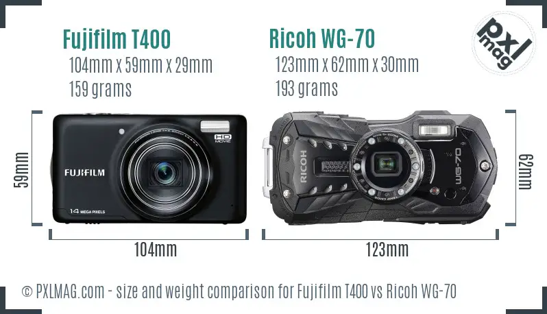 Fujifilm T400 vs Ricoh WG-70 size comparison