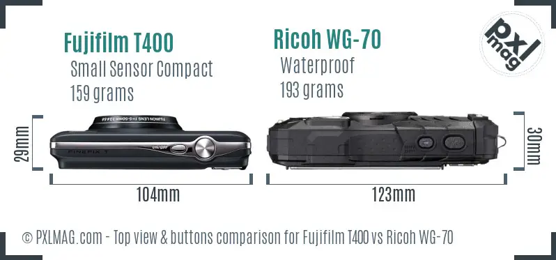 Fujifilm T400 vs Ricoh WG-70 top view buttons comparison