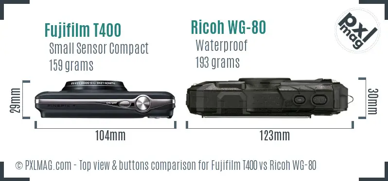 Fujifilm T400 vs Ricoh WG-80 top view buttons comparison Fujifilm T400 vs Ricoh WG-80 top view buttons comparison