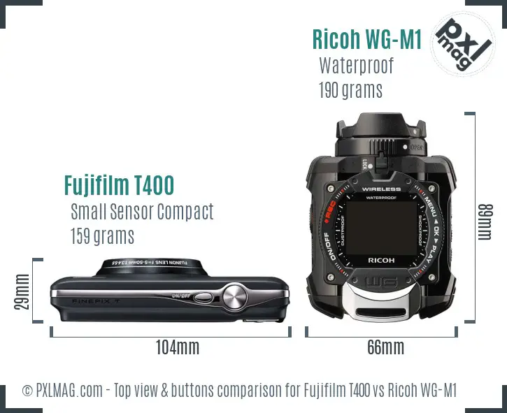 Fujifilm T400 vs Ricoh WG-M1 top view buttons comparison