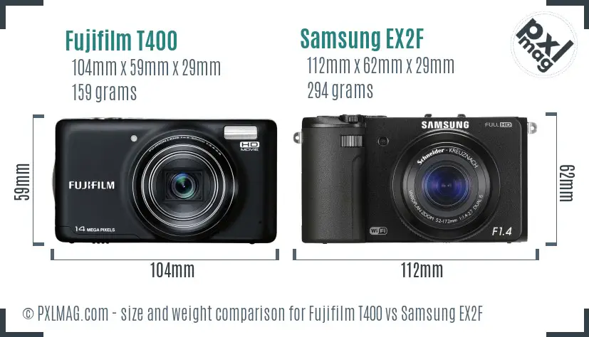 Fujifilm T400 vs Samsung EX2F size comparison