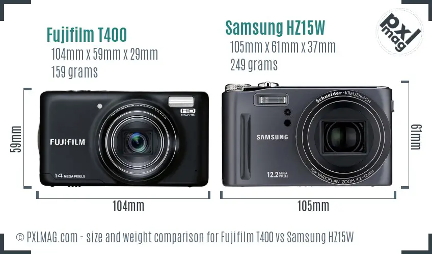 Fujifilm T400 vs Samsung HZ15W size comparison