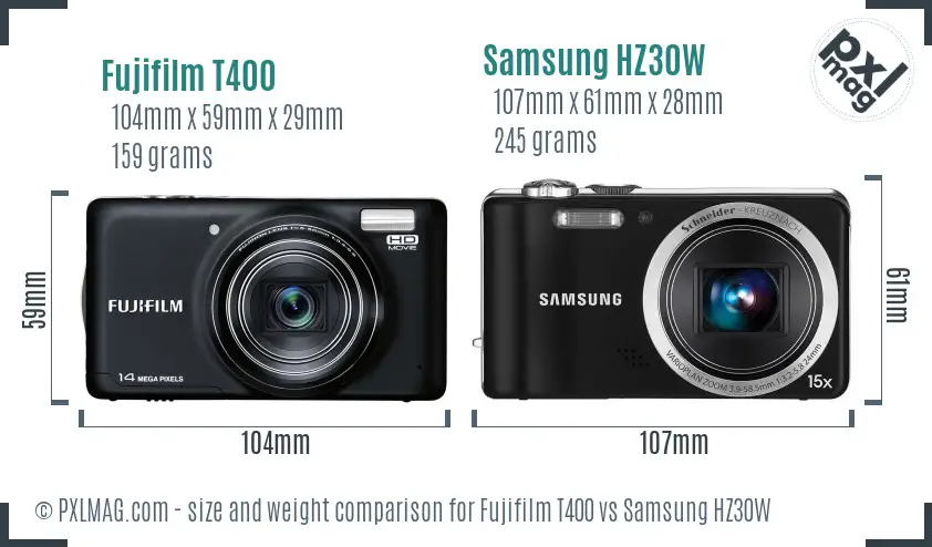 Fujifilm T400 vs Samsung HZ30W size comparison