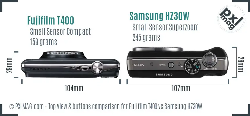 Fujifilm T400 vs Samsung HZ30W top view buttons comparison