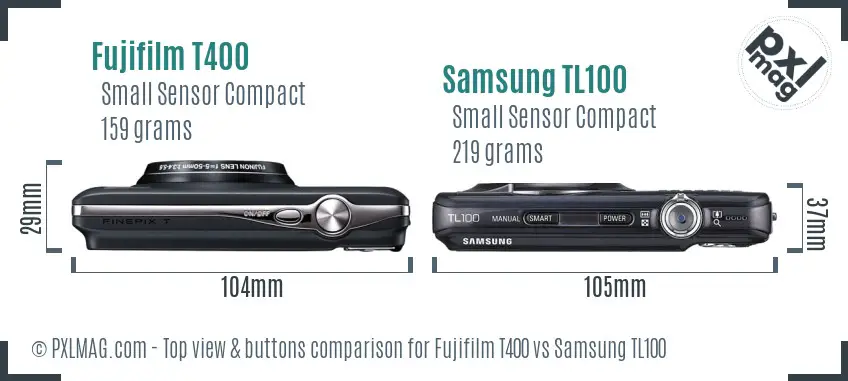 Fujifilm T400 vs Samsung TL100 top view buttons comparison Fujifilm T400 vs Samsung TL100 top view buttons comparison