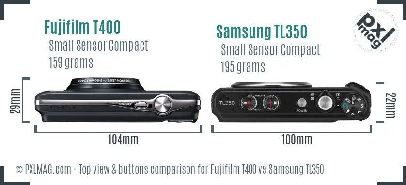 Fujifilm T400 vs Samsung TL350 top view buttons comparison Fujifilm T400 vs Samsung TL350 top view buttons comparison