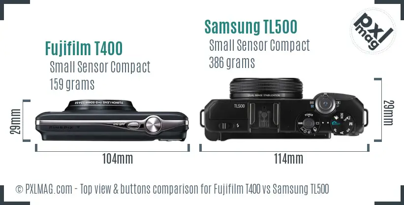 Fujifilm T400 vs Samsung TL500 top view buttons comparison