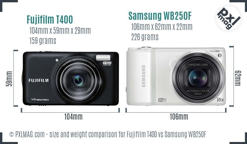 Fujifilm T400 vs Samsung WB250F size comparison