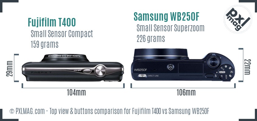 Fujifilm T400 vs Samsung WB250F top view buttons comparison