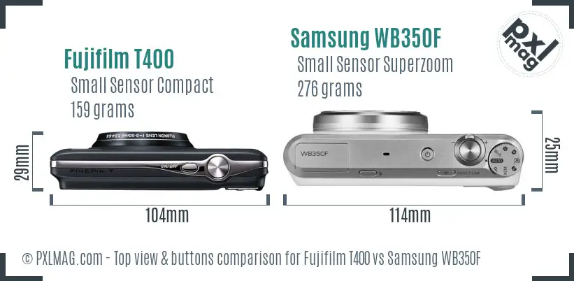 Fujifilm T400 vs Samsung WB350F top view buttons comparison Fujifilm T400 vs Samsung WB350F top view buttons comparison