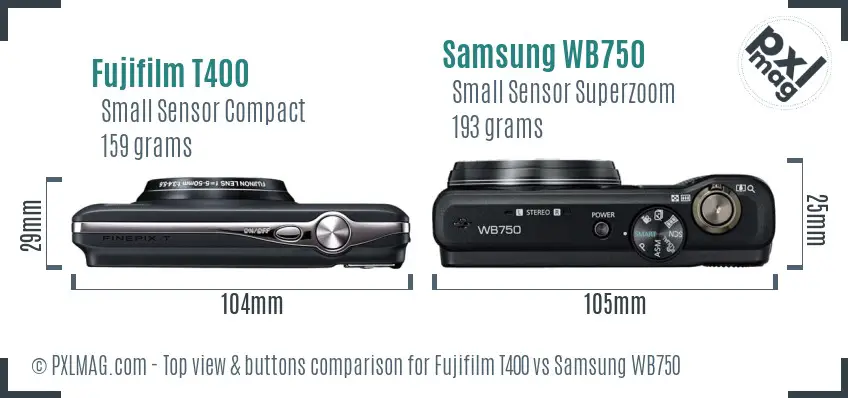 Fujifilm T400 vs Samsung WB750 top view buttons comparison Fujifilm T400 vs Samsung WB750 top view buttons comparison