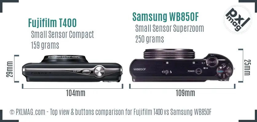 Fujifilm T400 vs Samsung WB850F top view buttons comparison