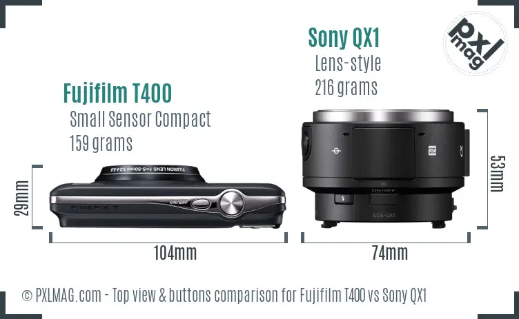 Fujifilm T400 vs Sony QX1 top view buttons comparison