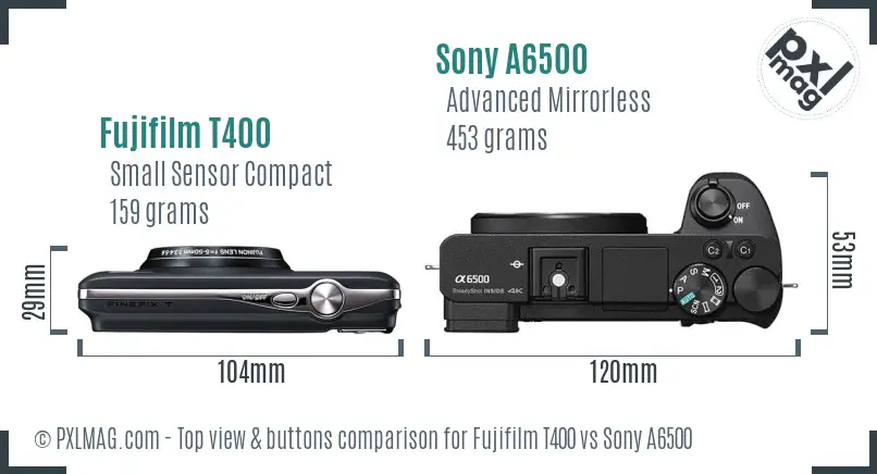 Fujifilm T400 vs Sony A6500 top view buttons comparison
