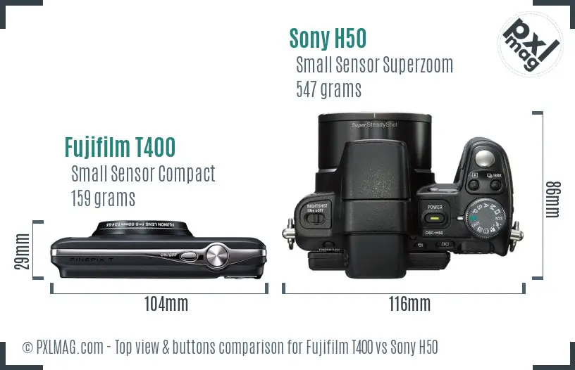 Fujifilm T400 vs Sony H50 top view buttons comparison Fujifilm T400 vs Sony H50 top view buttons comparison