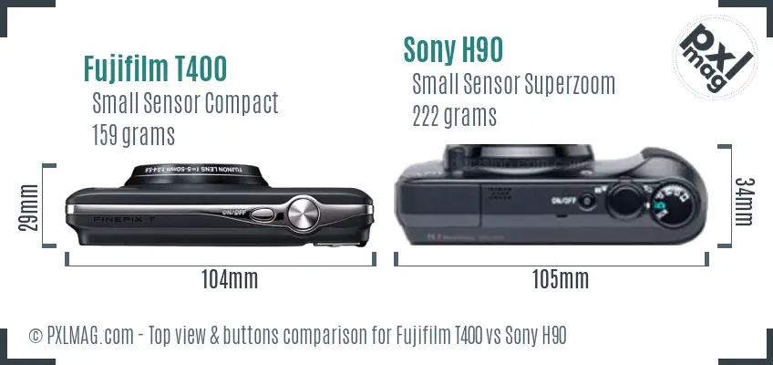 Fujifilm T400 vs Sony H90 top view buttons comparison Fujifilm T400 vs Sony H90 top view buttons comparison