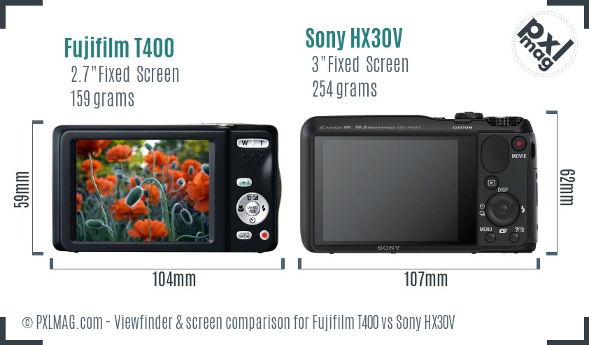 Fujifilm T400 vs Sony HX30V Screen and Viewfinder comparison