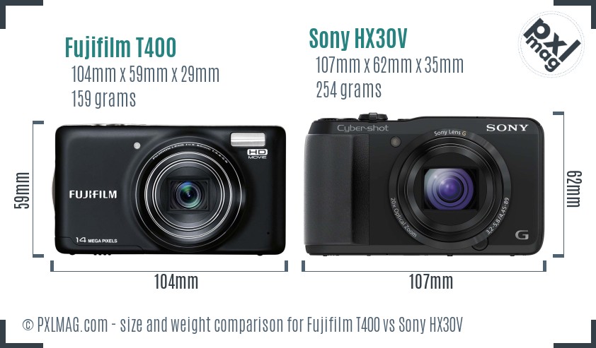 Fujifilm T400 vs Sony HX30V size comparison