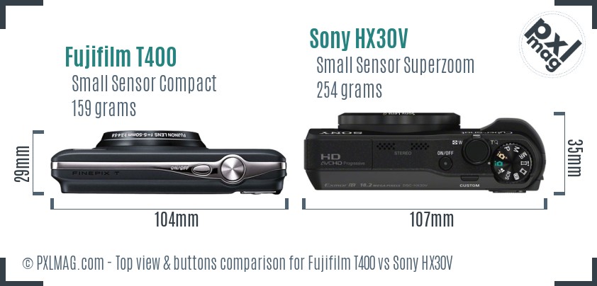 Fujifilm T400 vs Sony HX30V top view buttons comparison