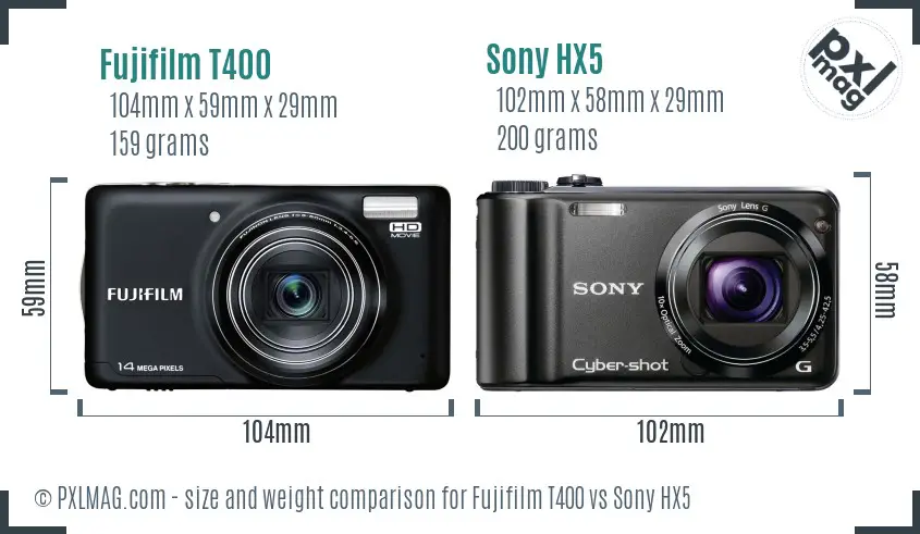 Fujifilm T400 vs Sony HX5 size comparison