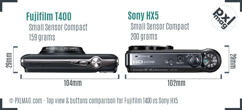 Fujifilm T400 vs Sony HX5 top view buttons comparison