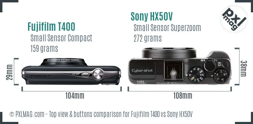 Fujifilm T400 vs Sony HX50V top view buttons comparison