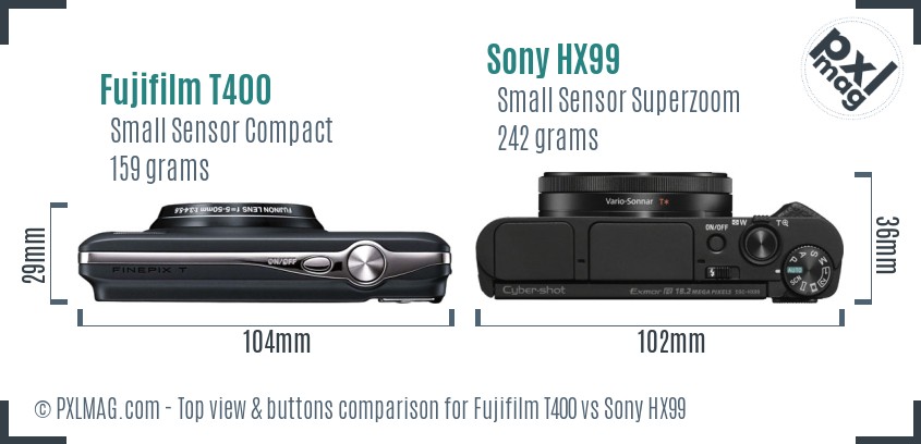 Fujifilm T400 vs Sony HX99 top view buttons comparison