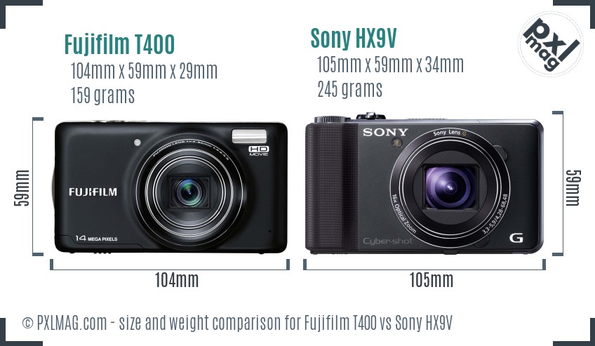 Fujifilm T400 vs Sony HX9V size comparison