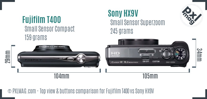 Fujifilm T400 vs Sony HX9V top view buttons comparison
