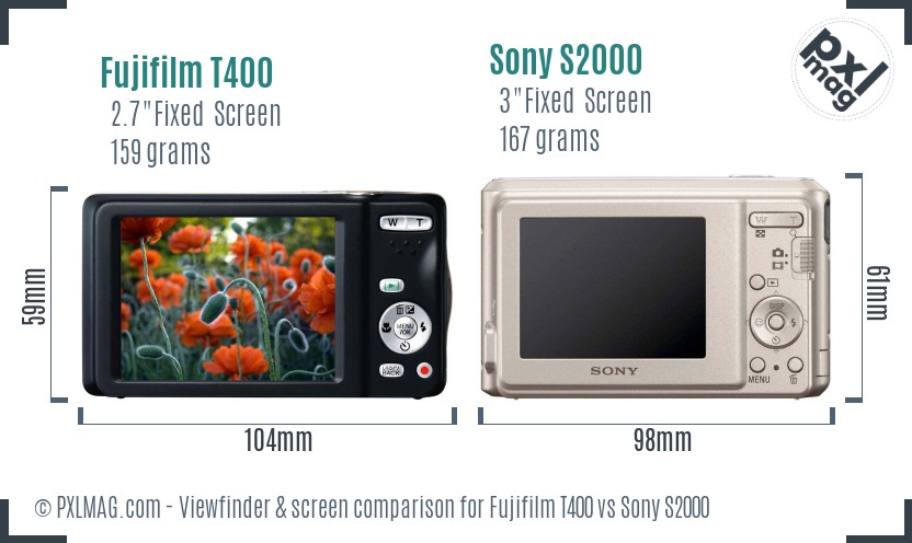 Fujifilm T400 vs Sony S2000 Screen and Viewfinder comparison