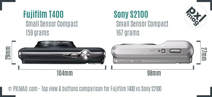 Fujifilm T400 vs Sony S2100 top view buttons comparison