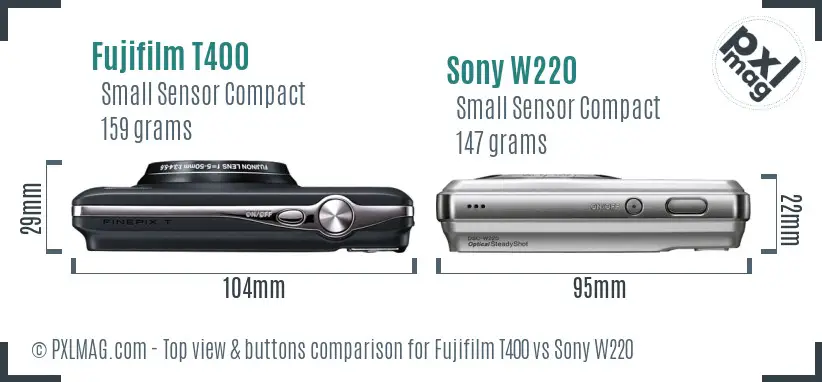 Fujifilm T400 vs Sony W220 top view buttons comparison