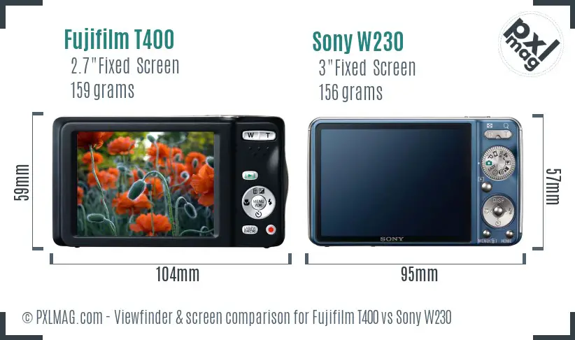 Fujifilm T400 vs Sony W230 Screen and Viewfinder comparison