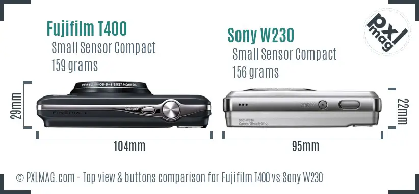 Fujifilm T400 vs Sony W230 top view buttons comparison