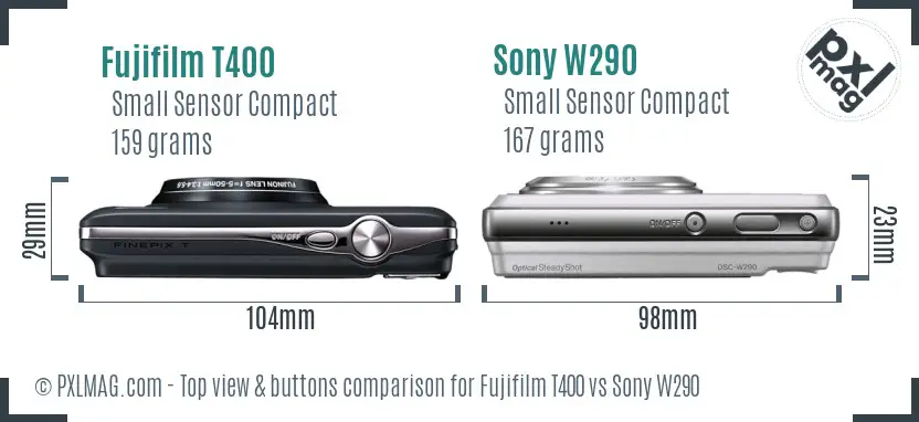 Fujifilm T400 vs Sony W290 top view buttons comparison