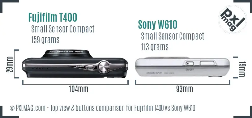 Fujifilm T400 vs Sony W610 top view buttons comparison Fujifilm T400 vs Sony W610 top view buttons comparison