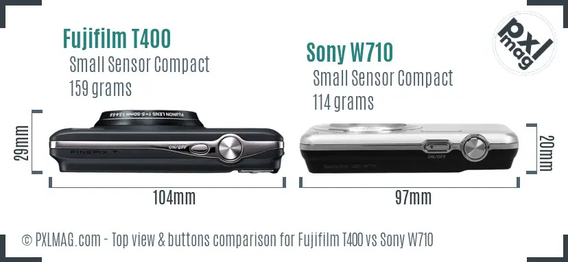 Fujifilm T400 vs Sony W710 top view buttons comparison