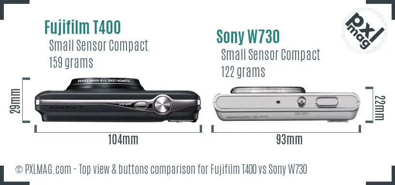 Fujifilm T400 vs Sony W730 top view buttons comparison Fujifilm T400 vs Sony W730 top view buttons comparison