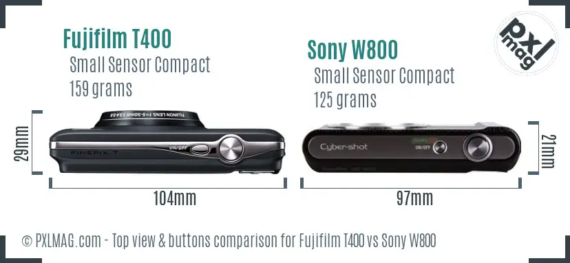 Fujifilm T400 vs Sony W800 top view buttons comparison