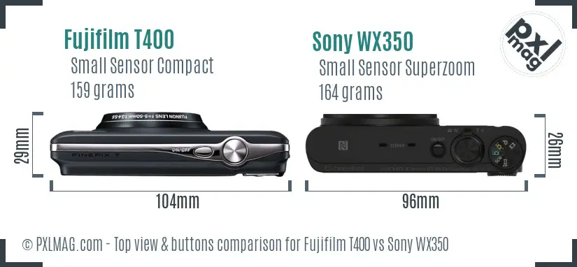 Fujifilm T400 vs Sony WX350 top view buttons comparison