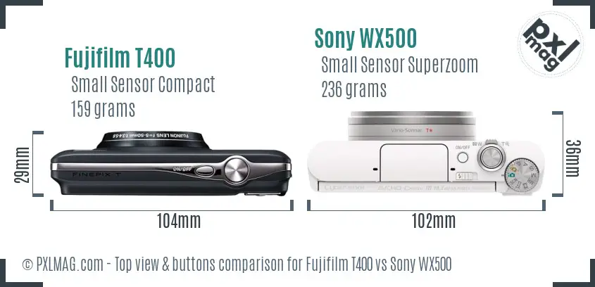Fujifilm T400 vs Sony WX500 top view buttons comparison