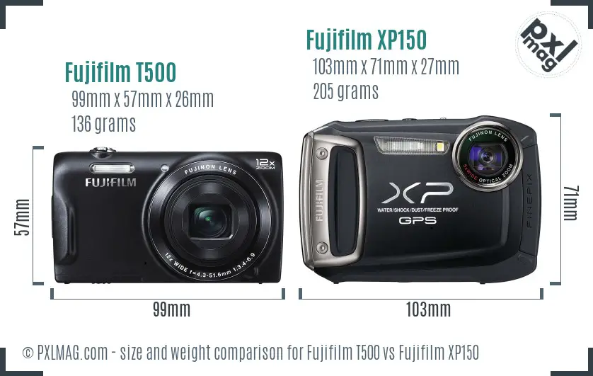 Fujifilm T500 vs Fujifilm XP150 size comparison