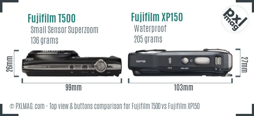 Fujifilm T500 vs Fujifilm XP150 top view buttons comparison