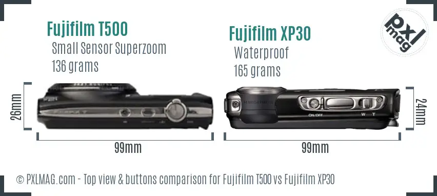 Fujifilm T500 vs Fujifilm XP30 top view buttons comparison