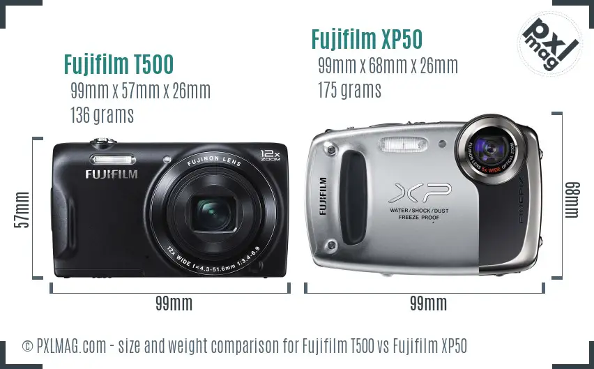 Fujifilm T500 vs Fujifilm XP50 size comparison
