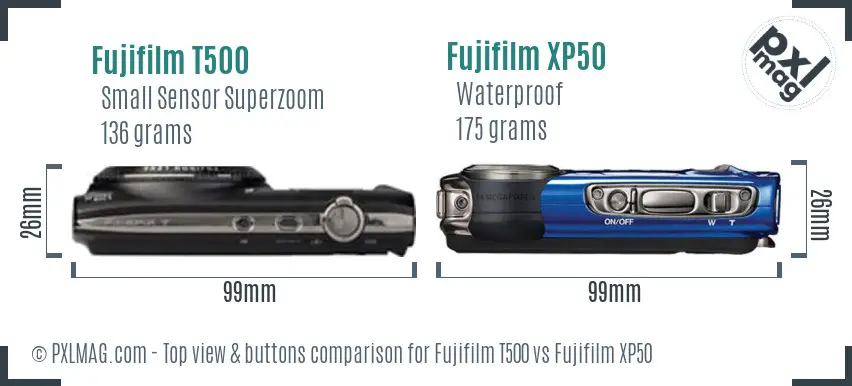 Fujifilm T500 vs Fujifilm XP50 top view buttons comparison