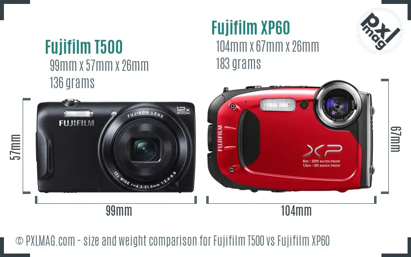 Fujifilm T500 vs Fujifilm XP60 size comparison