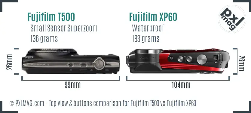 Fujifilm T500 vs Fujifilm XP60 top view buttons comparison